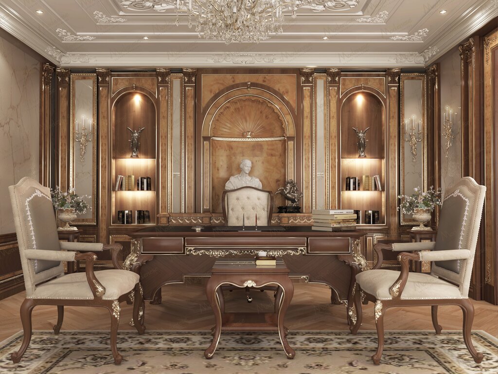 Luxury palace entrance hall with grand chandelier and double marble staircase by Modenese