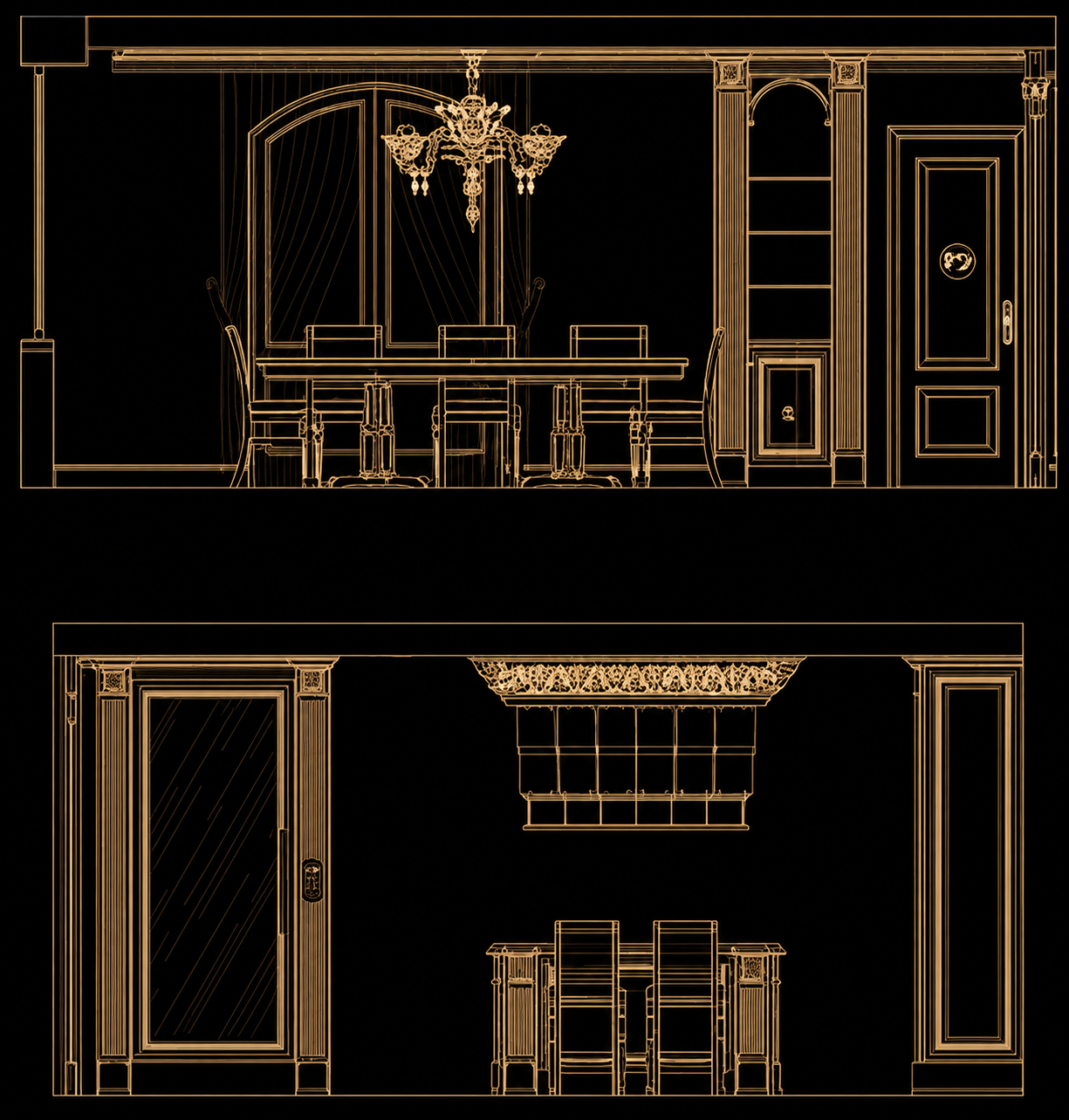 Elevation drawings of the dining room and wine display