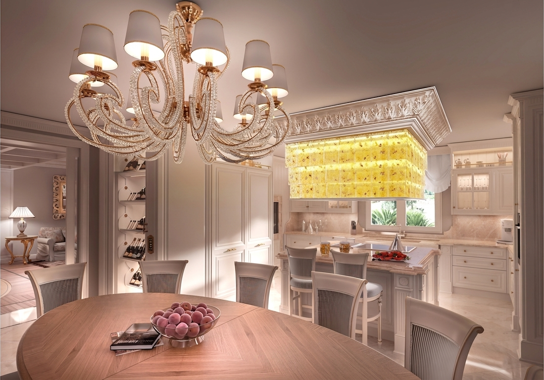 Visualization of the dining table with the kitchen behind