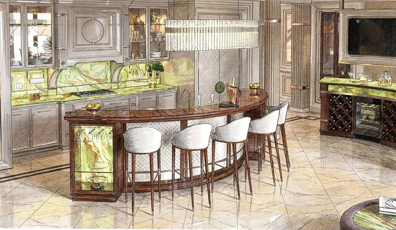 Hand sketch of the Art Deco kitchen with its curved bar