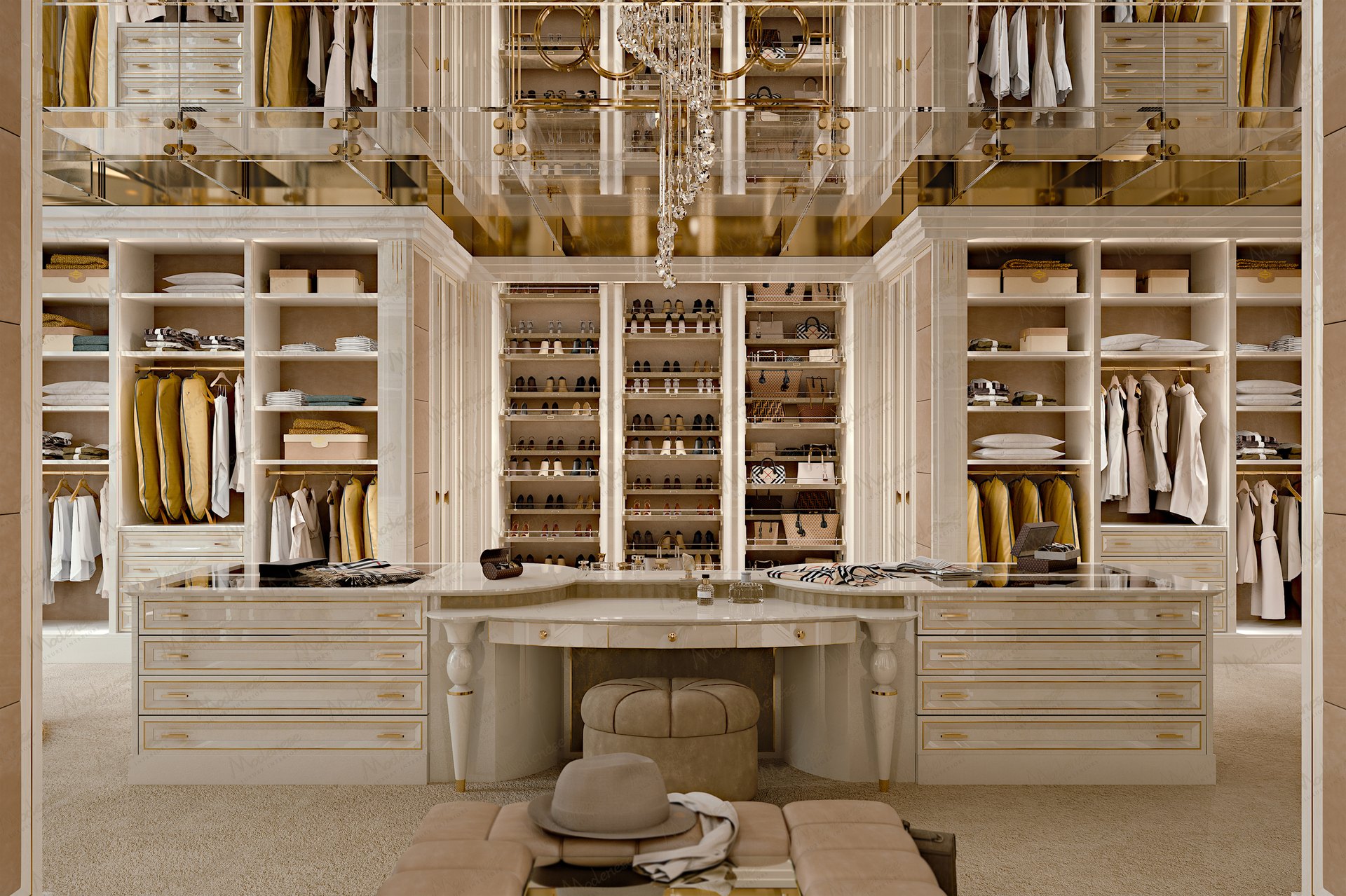 Luxury walk-in closet with integrated LED lighting by Modenese Interiors