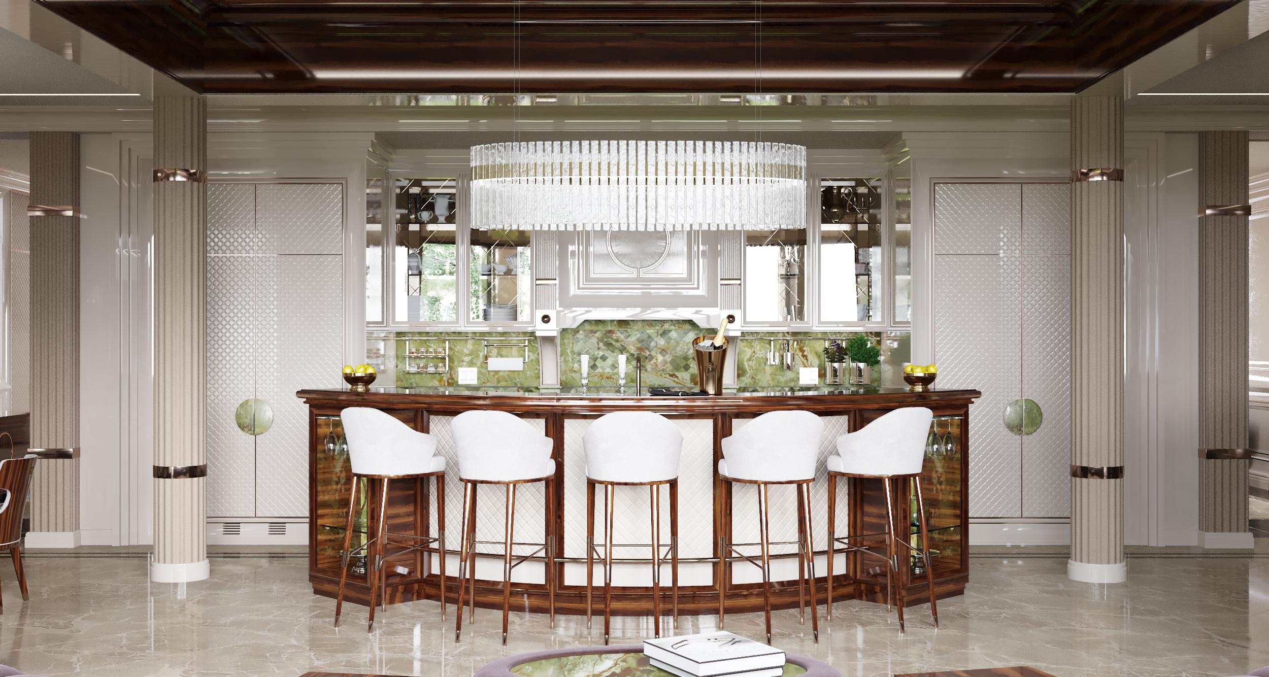 Curved island bar seen from the kitchen entrance