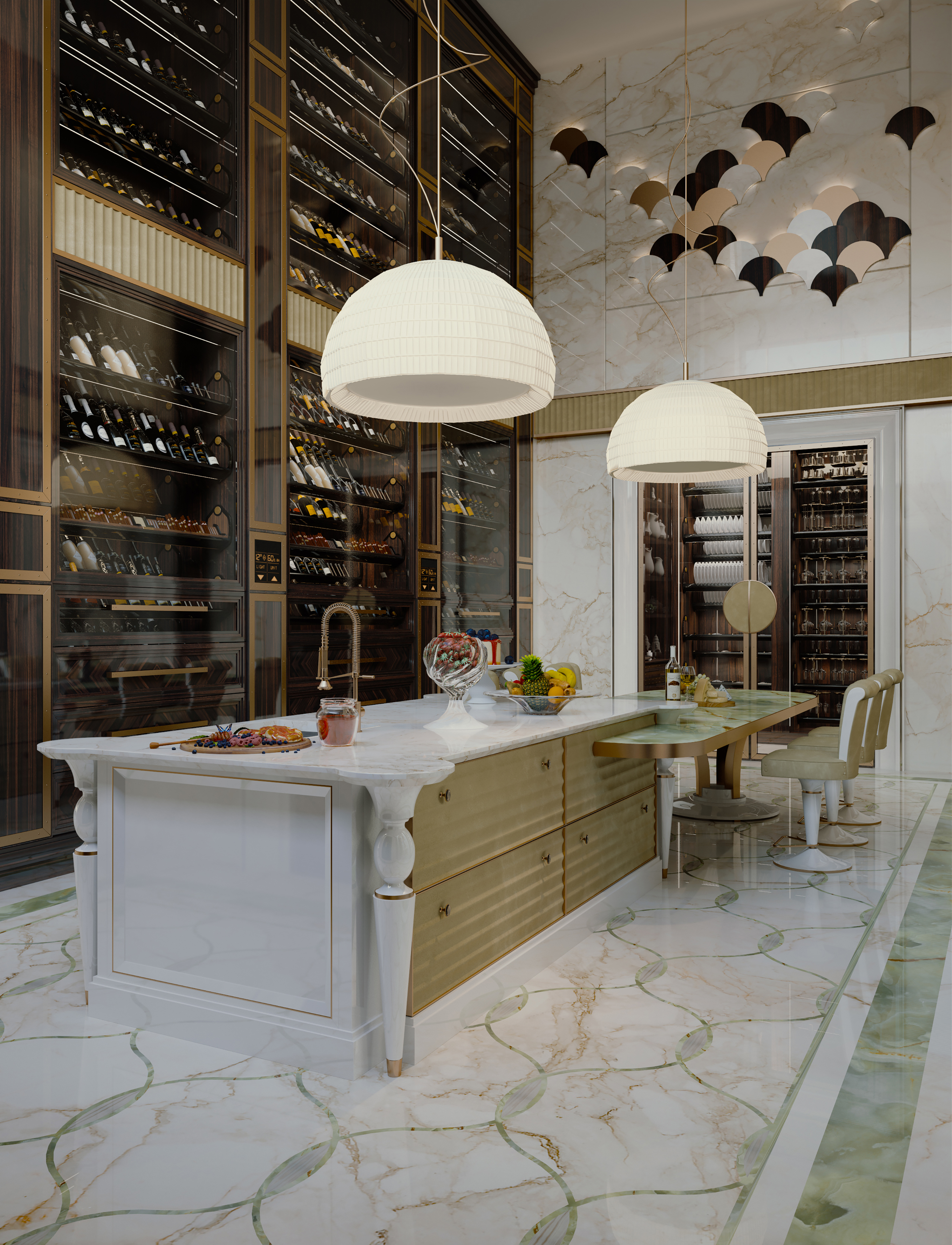 Kitchen island in front of a full-height wine display