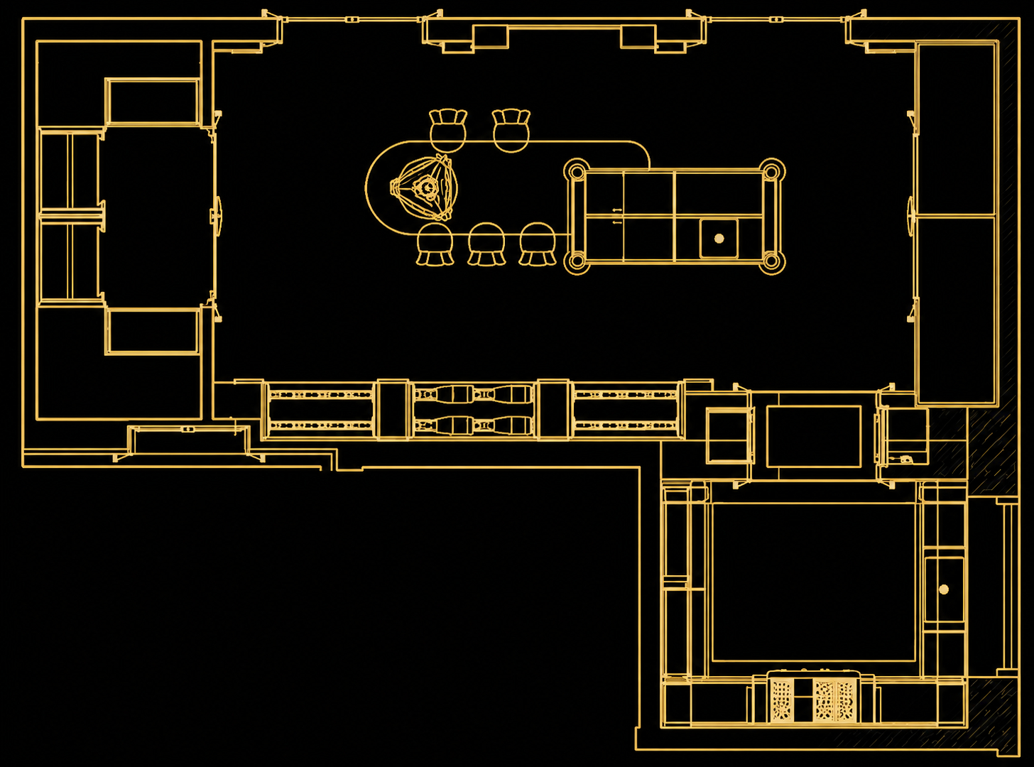 Floor plan of the kitchen, island and wine room