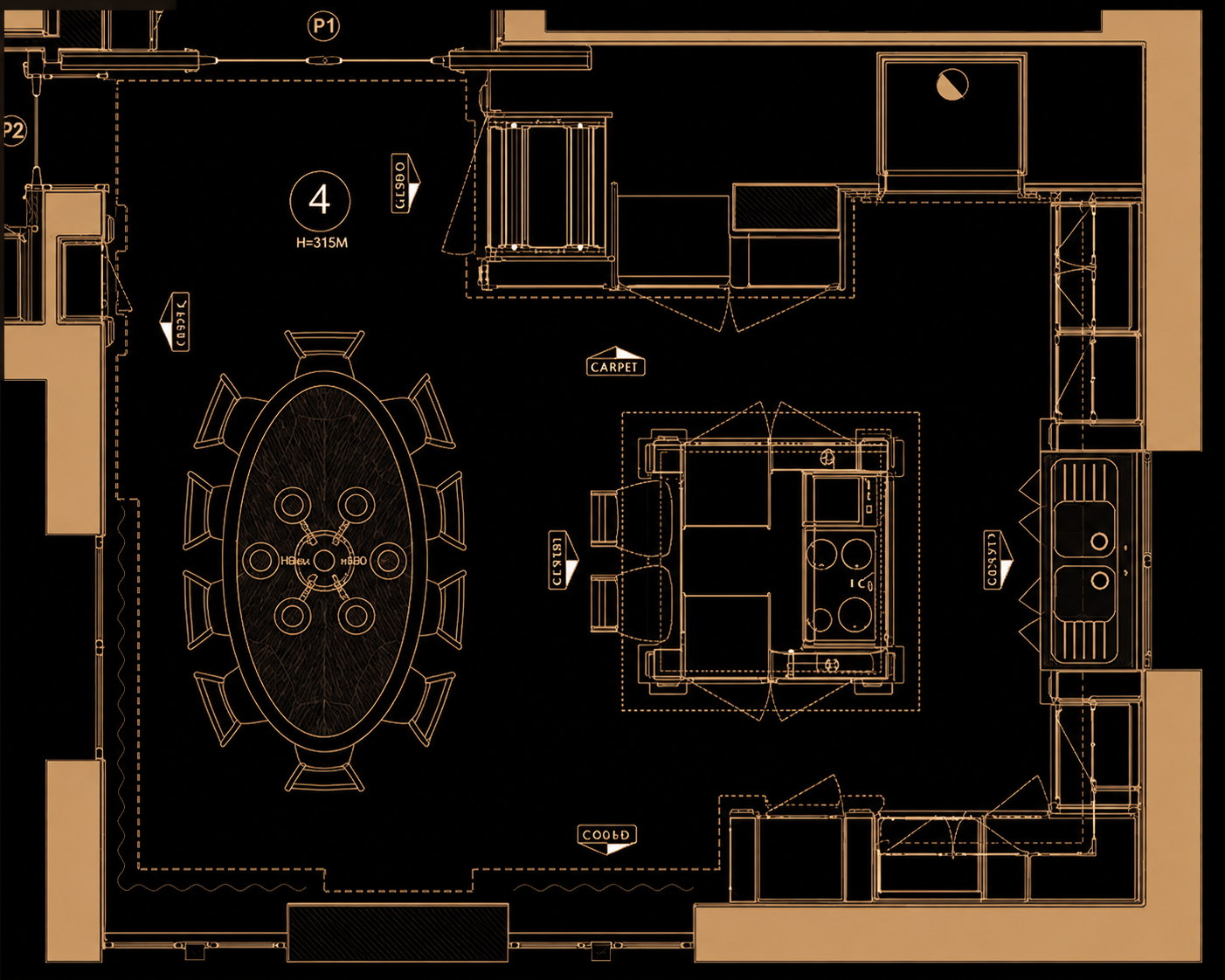 Floor plan of the kitchen, island and dining area