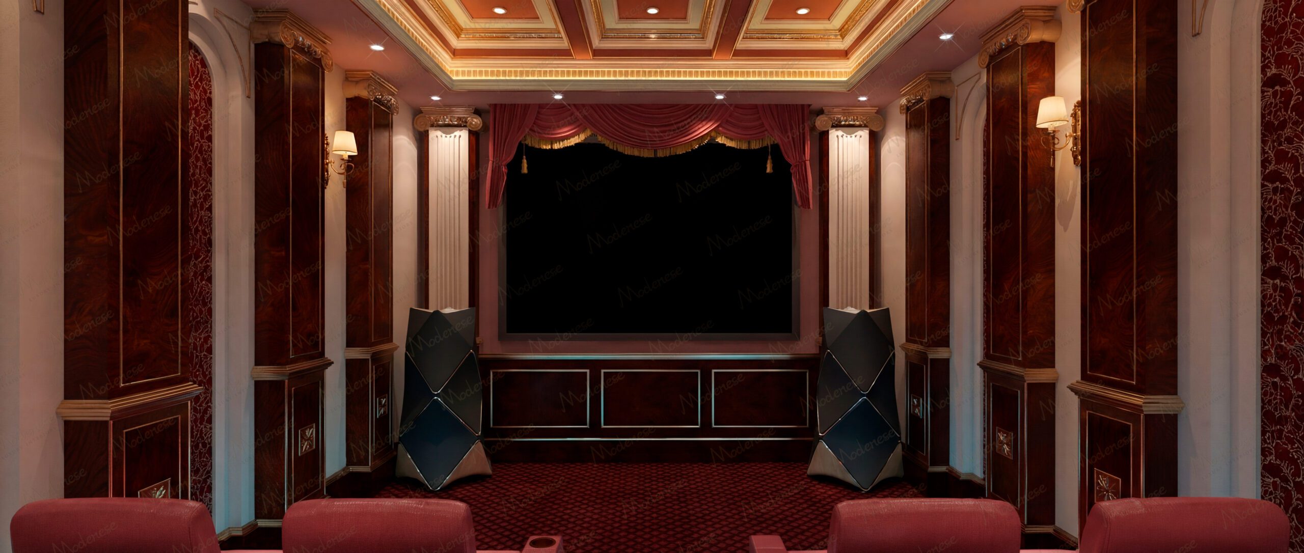 Traditional classic home theater with upholstered wall panels
