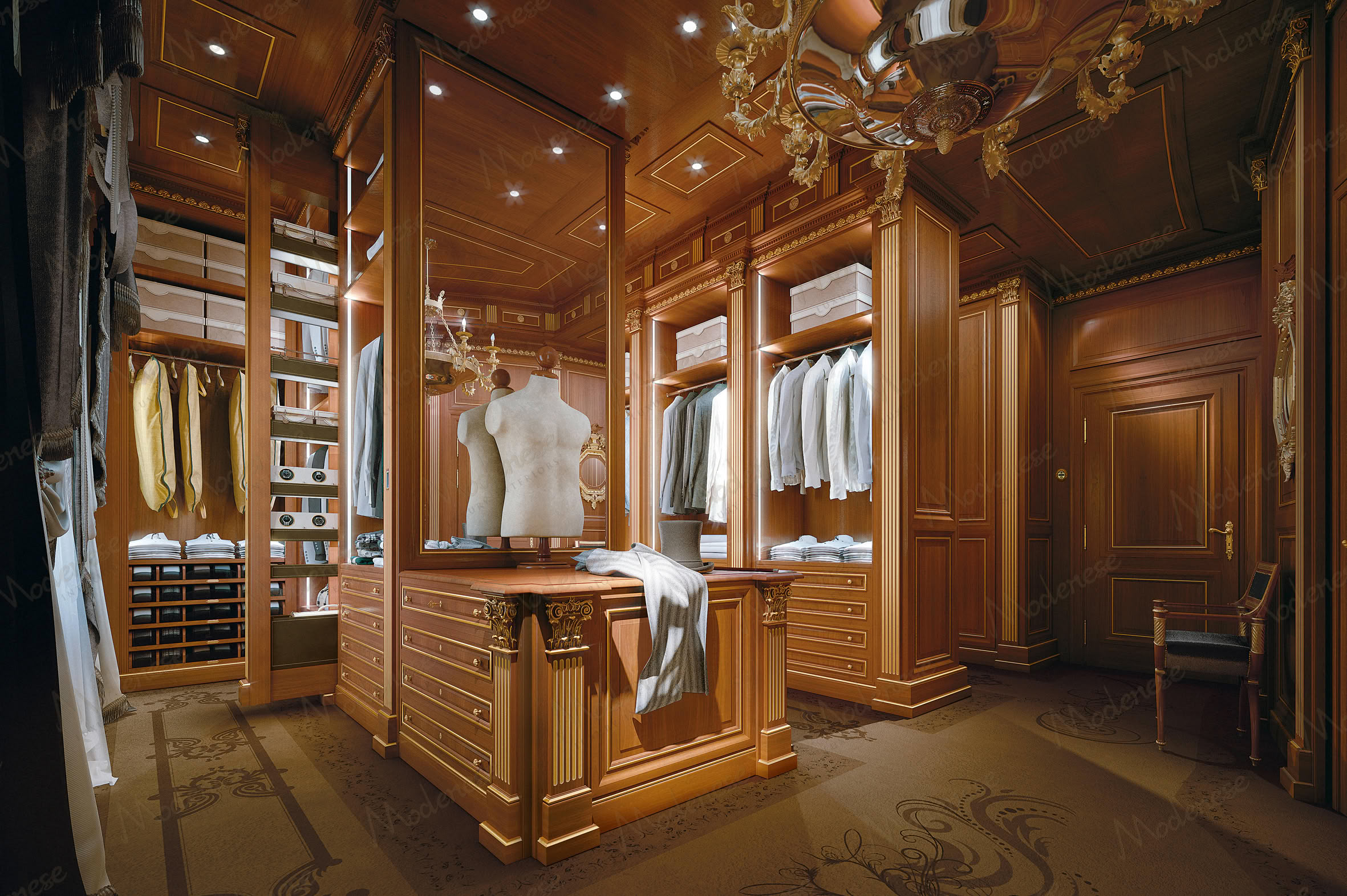 Neoclassic wood walk-in closet with paneled cabinetry