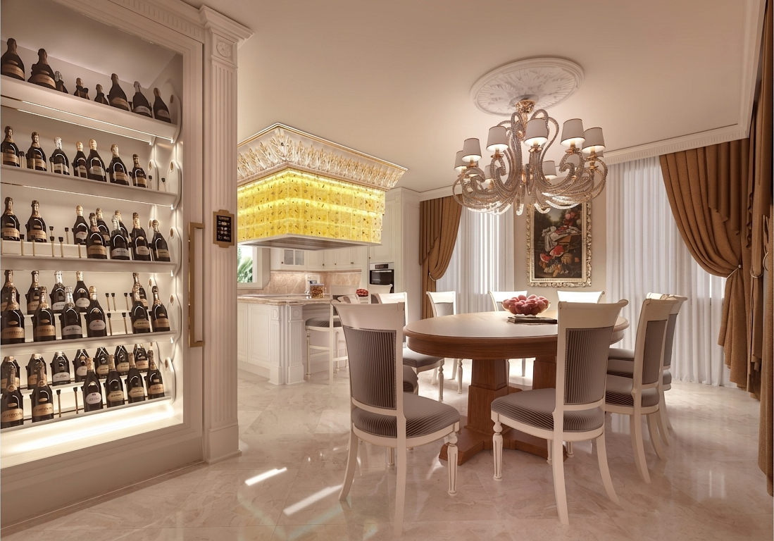 Dining area with illuminated wine display next to the bespoke kitchen