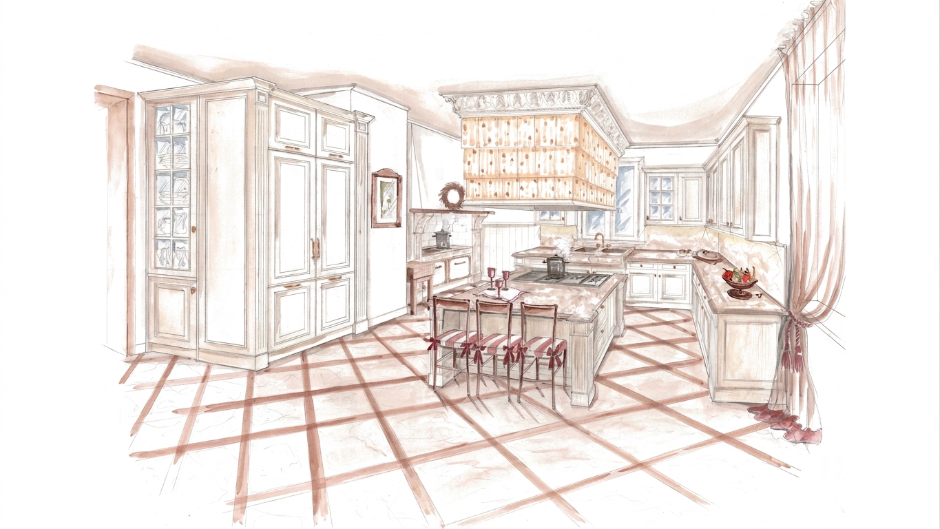 Hand-drawn concept of the classical kitchen and central island