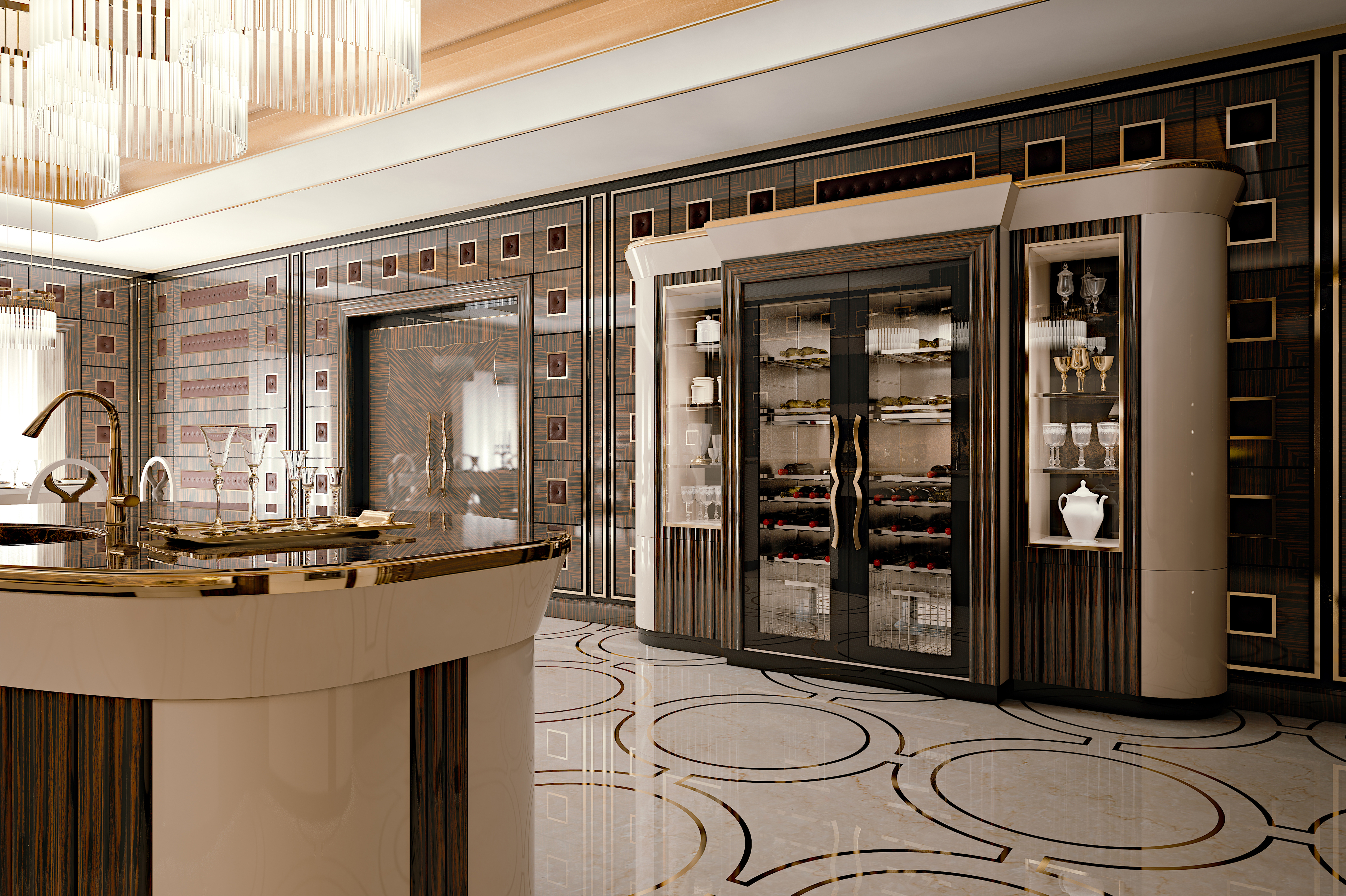 Curved glossy cabinetry and wine cabinet with figured wood panelling