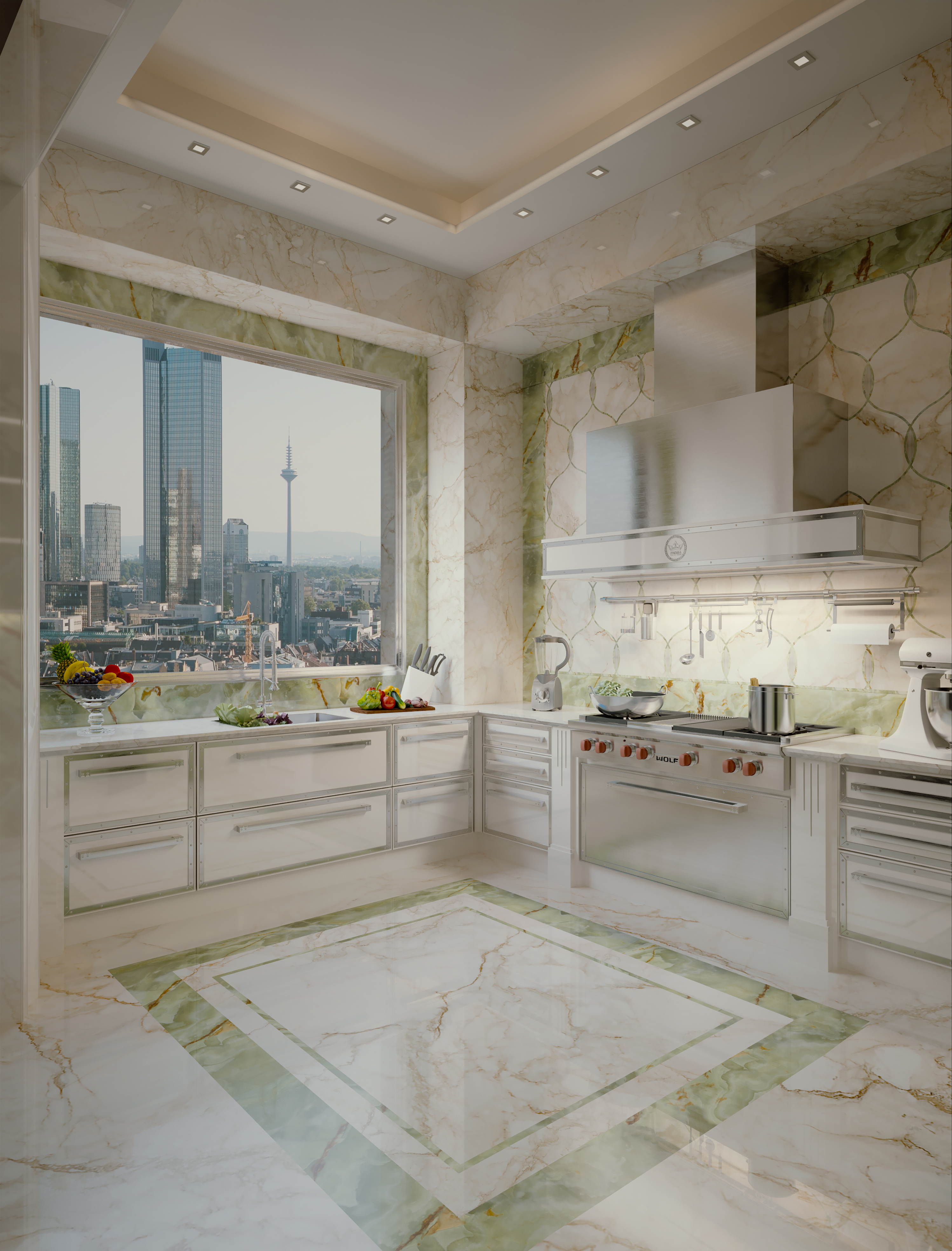 Kitchen with marble inlay floor and city view
