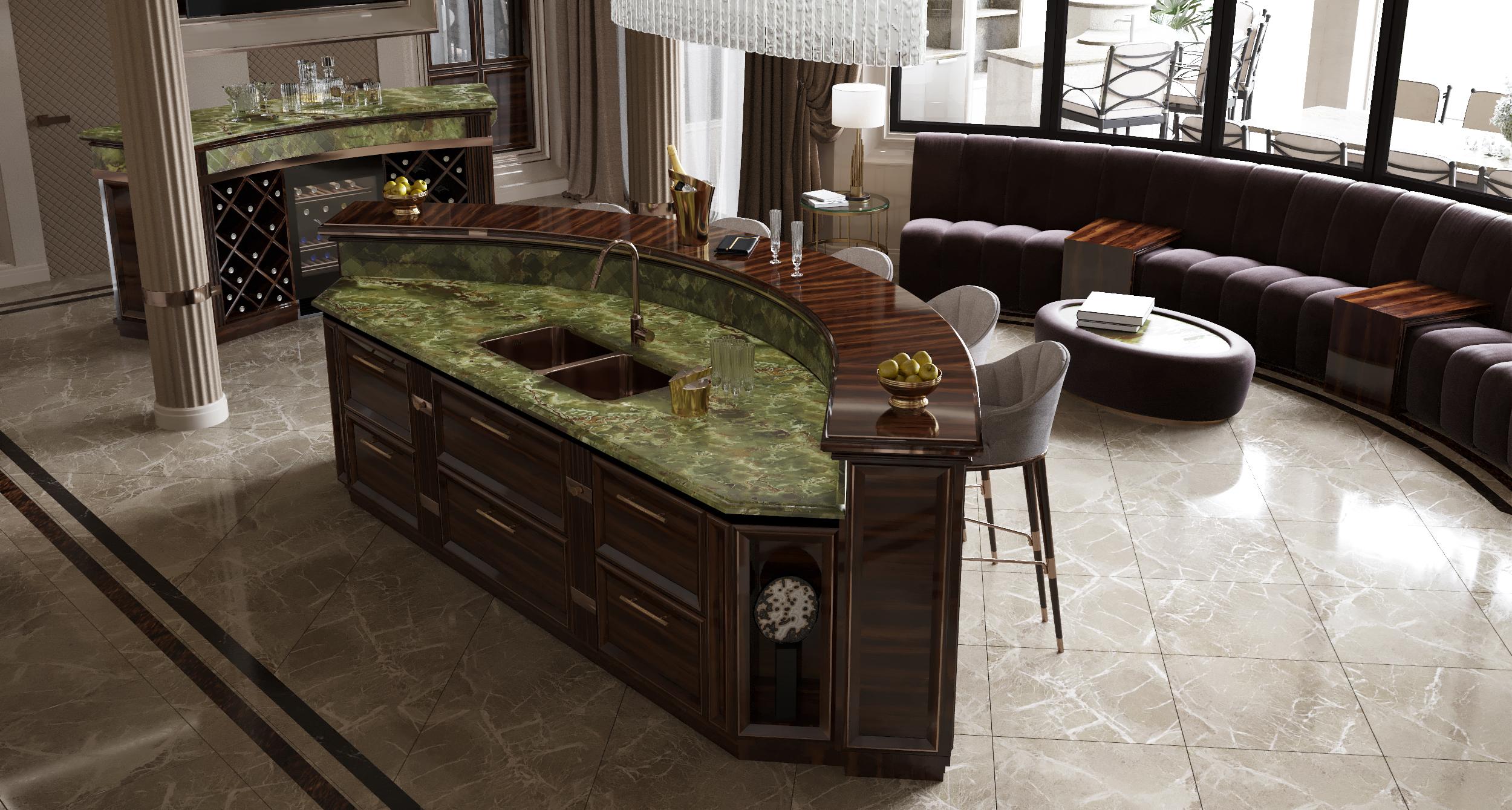 Dark wood island bar with green stone top and counter seating