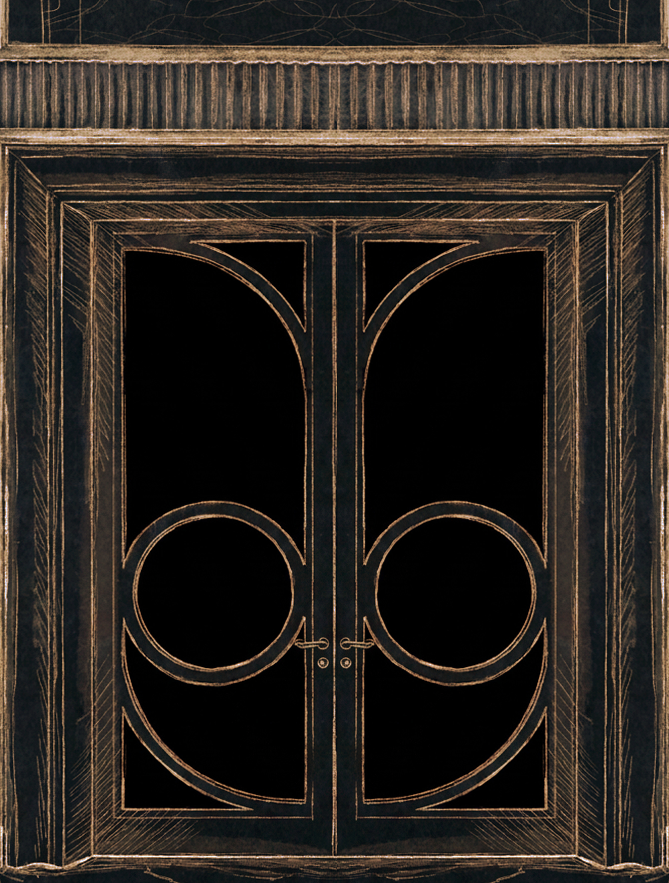 Drawing of a bespoke double door with circular metal detailing