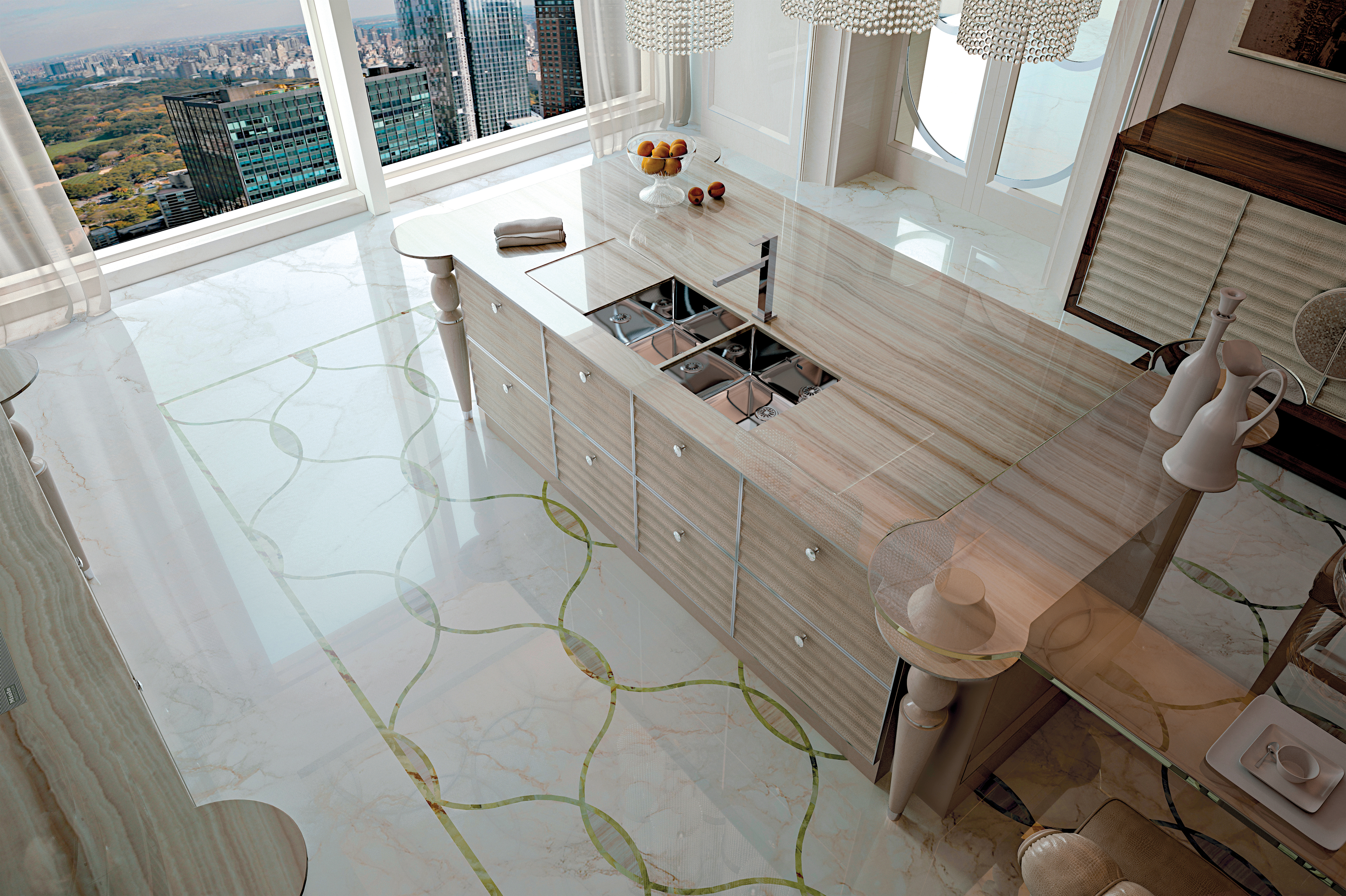 Marble floor and island worktop in a high-rise kitchen