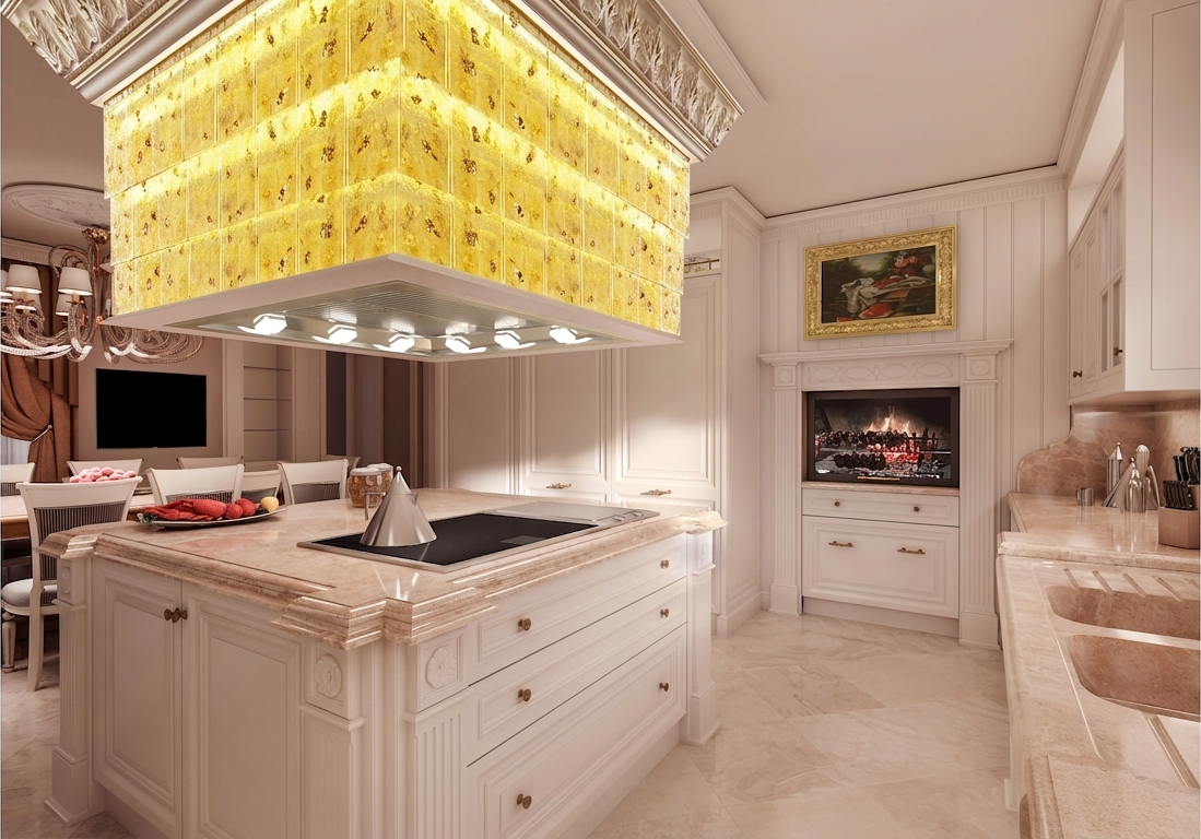 Illuminated suspended feature above the kitchen island