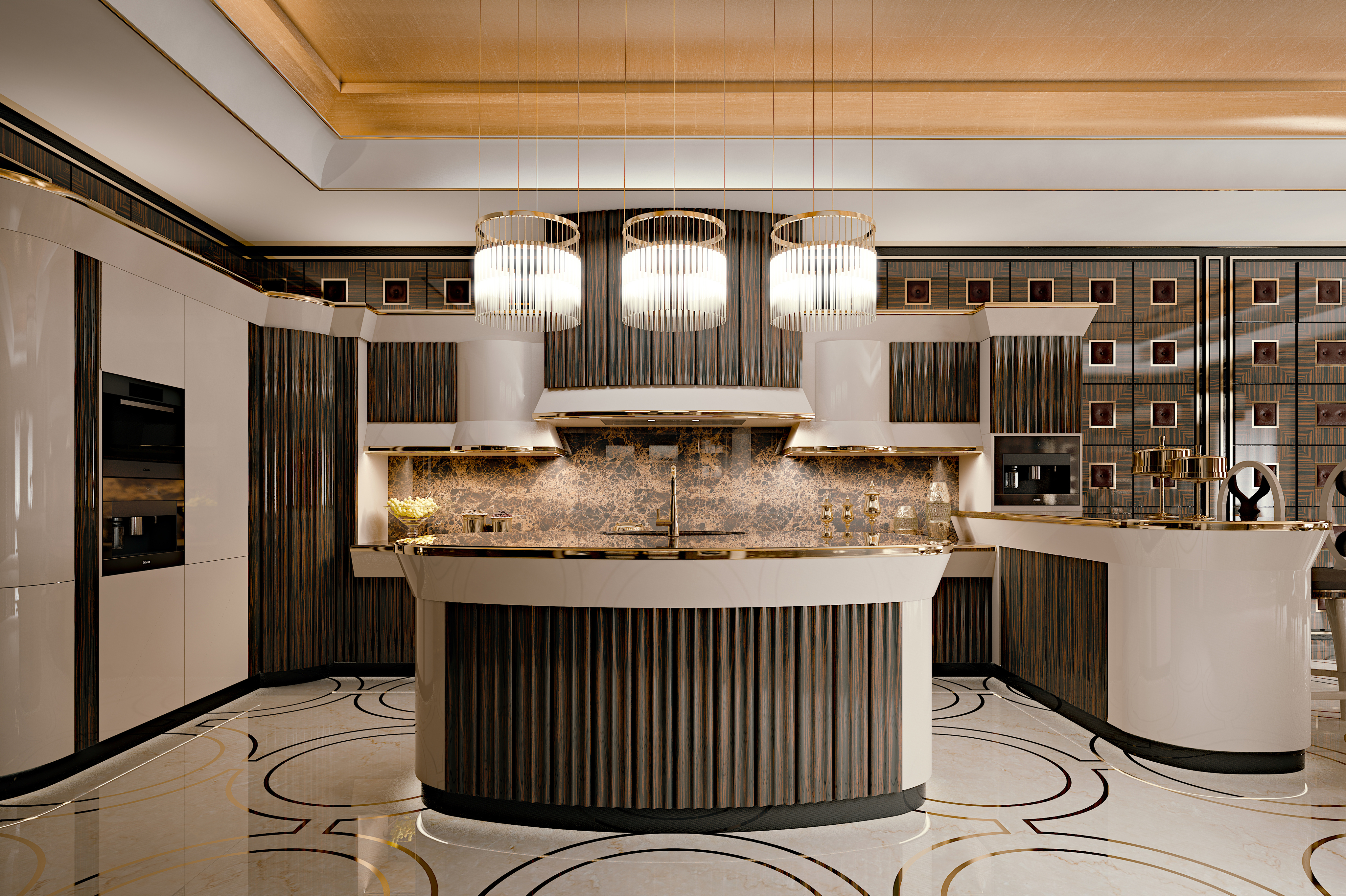 Bespoke kitchen with dark figured wood island and marble worktops