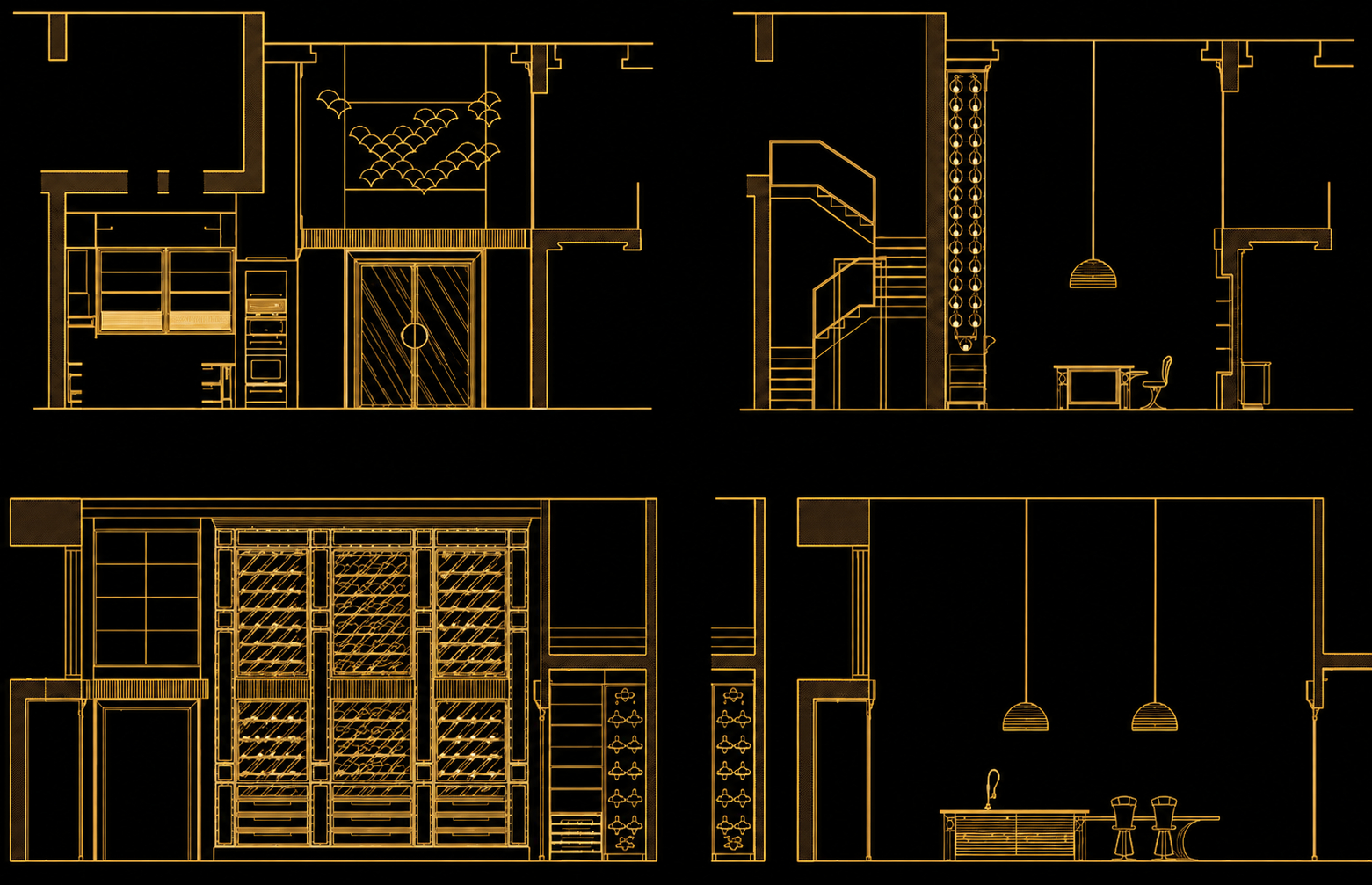 Technical elevations of kitchen cabinetry and wine storage