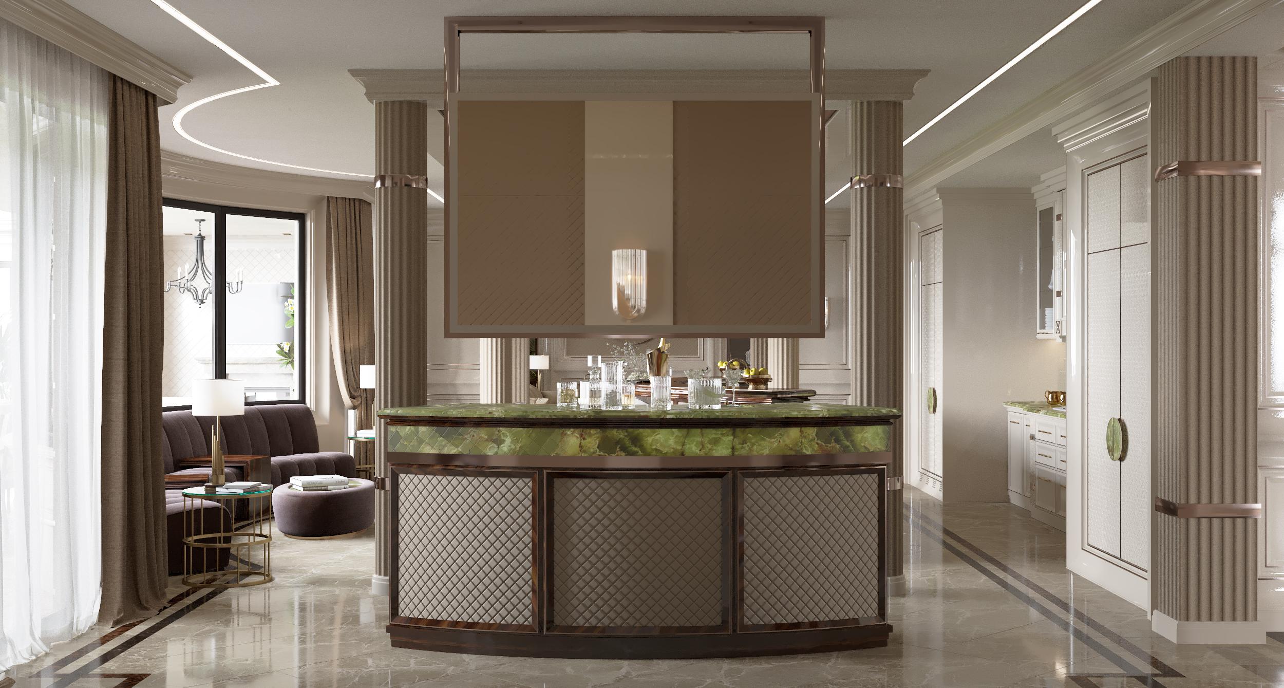 Stone-topped kitchen island under a suspended hood
