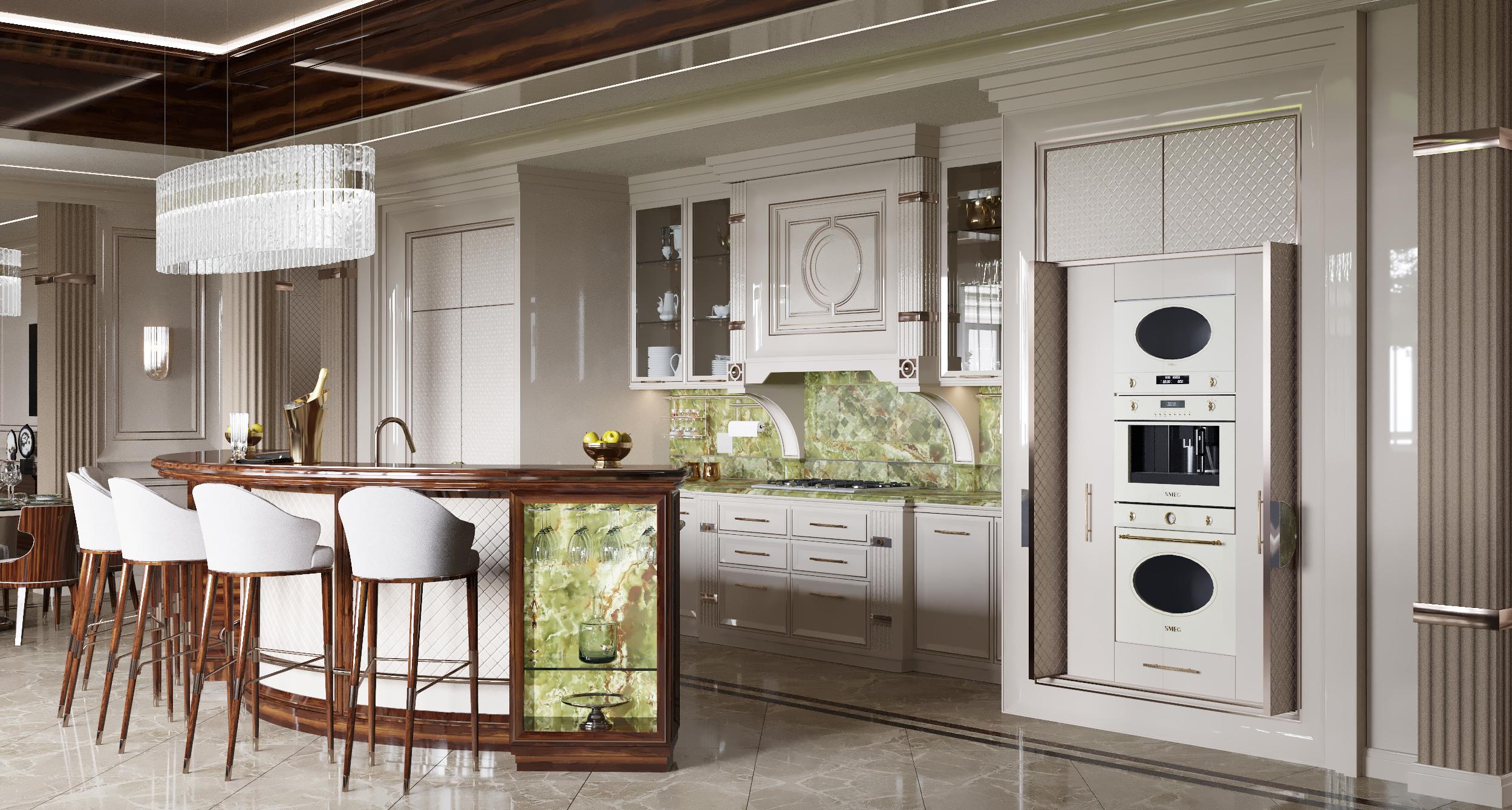 Ivory cabinetry, dark wood and green stone in the bespoke kitchen