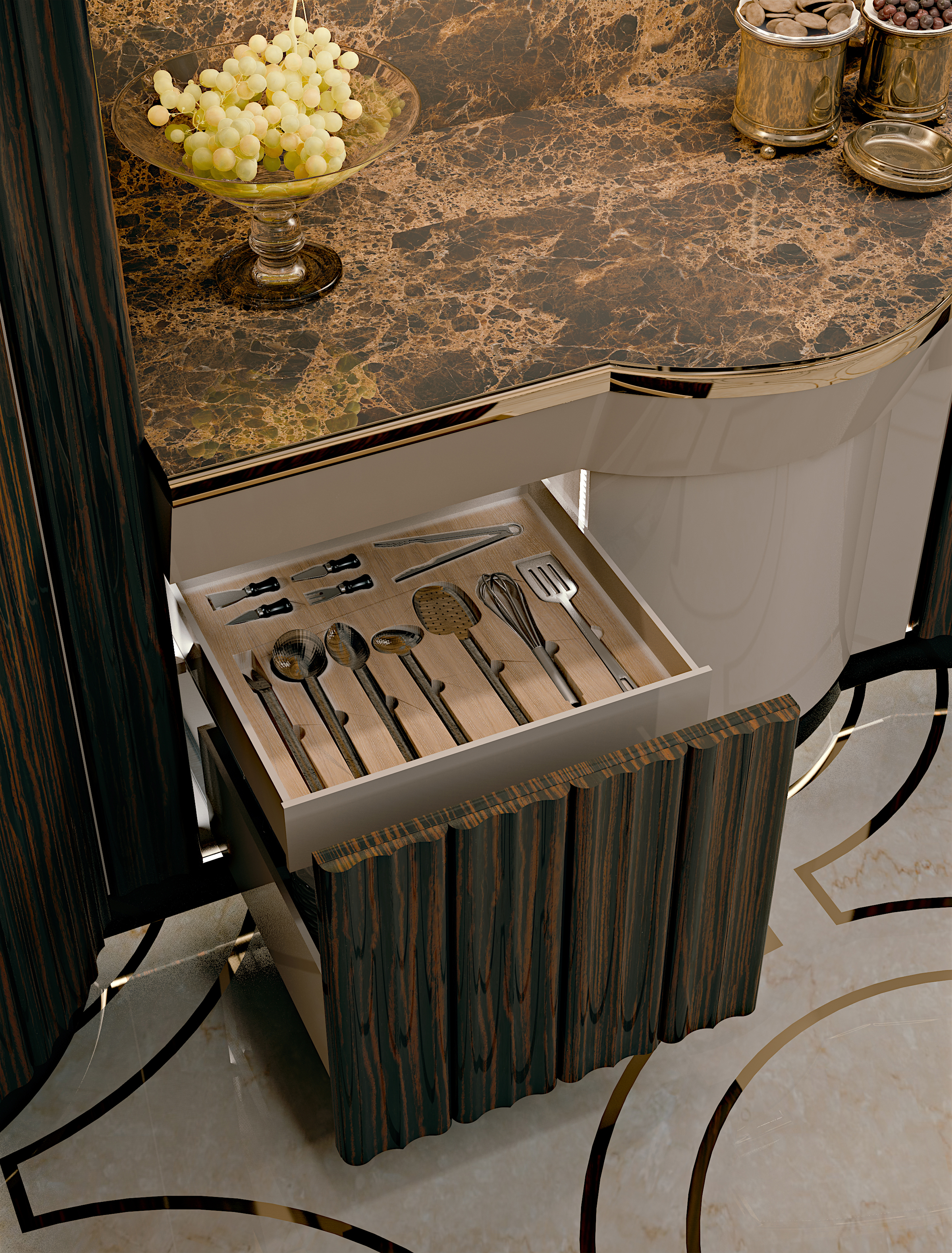 Custom cutlery drawer below a marble worktop