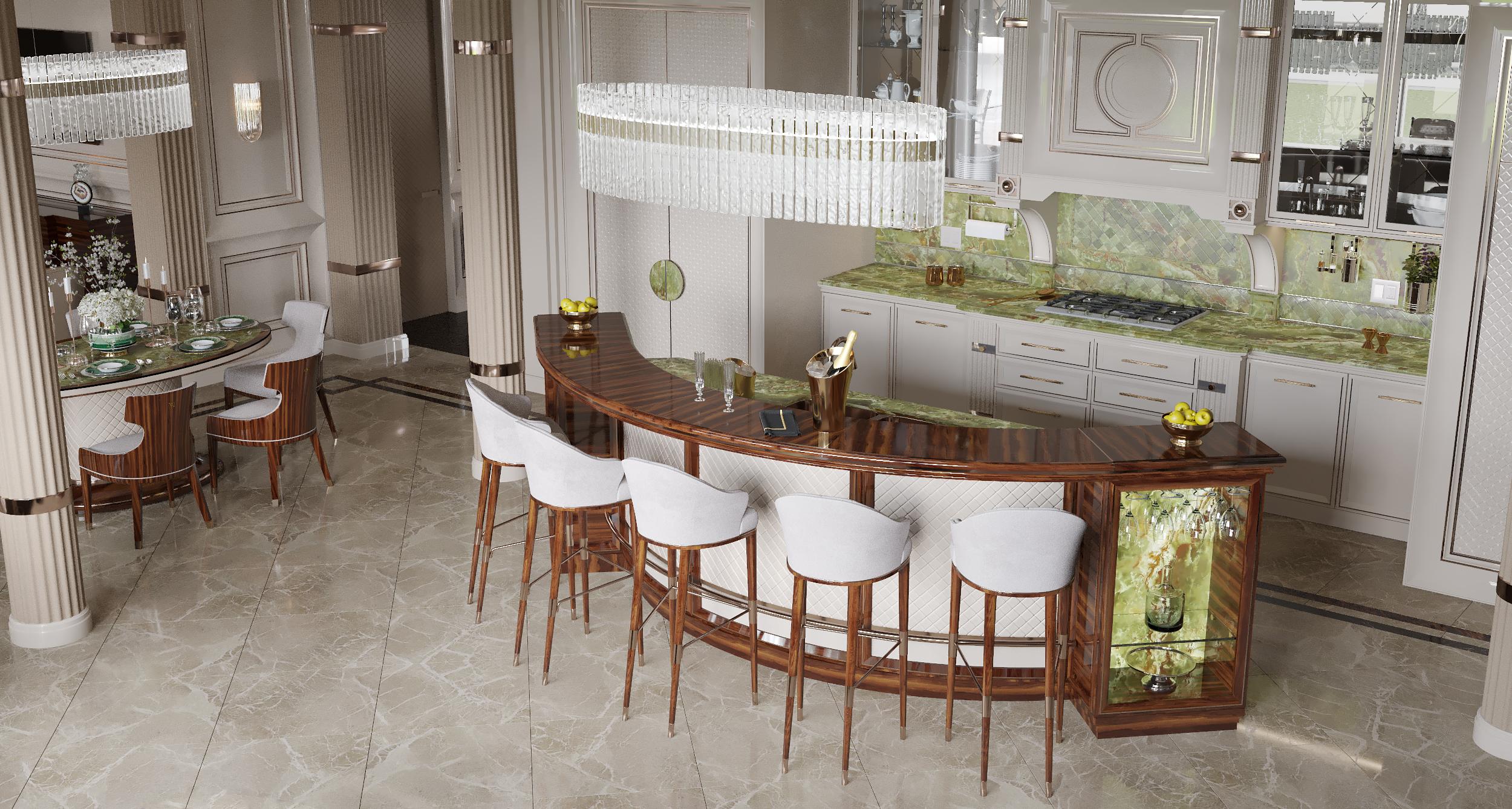 Curved bar of an Art Deco bespoke kitchen with green stone and ivory cabinetry
