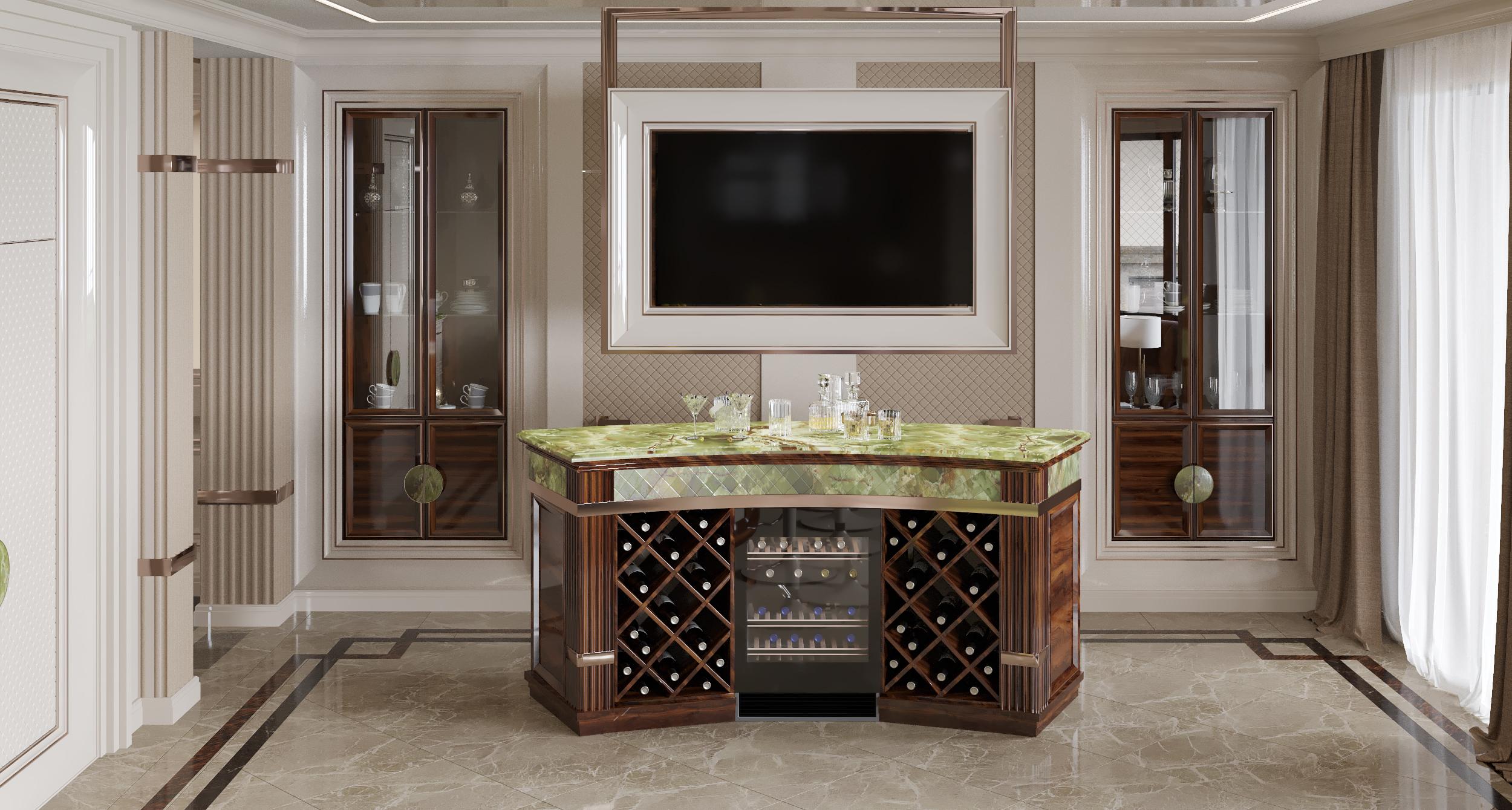 Bespoke bar unit with wine storage and green stone top