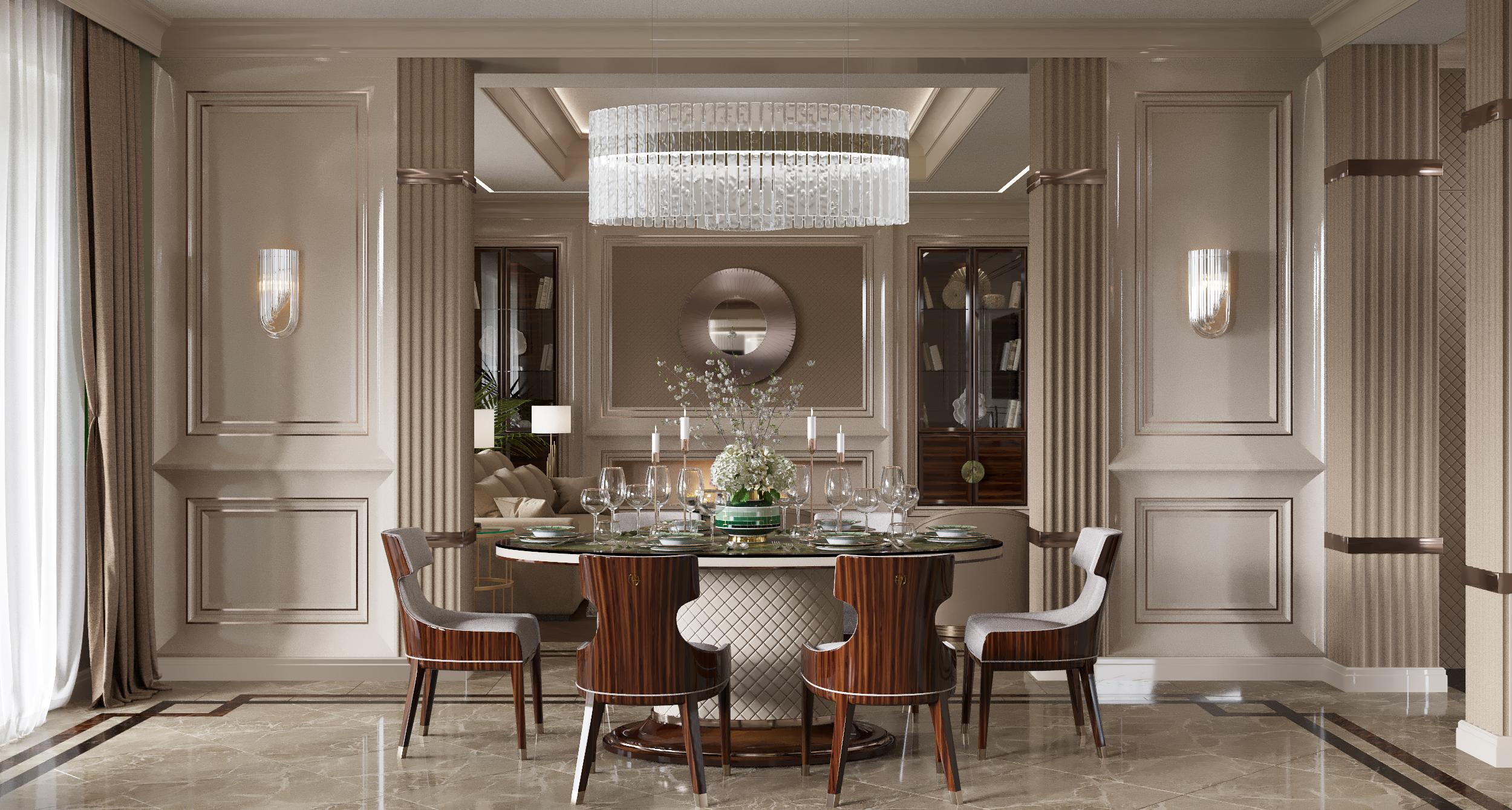 Dining area finished in the same dark wood and light upholstery