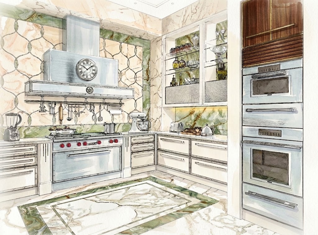 Watercolor sketch of the bespoke kitchen