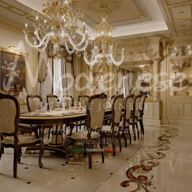 أفضل تصميم مطبخ إيطالي غني بثريات مورانو الذهبية والمفروشات عالية الجودة