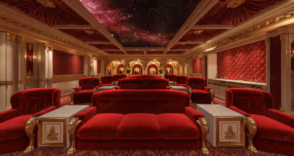 Red velvet home cinema with a starlit fibre-optic ceiling, Eswatini project