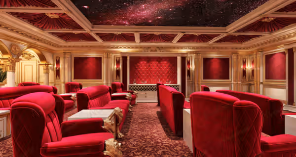Red velvet home cinema with a starlit fibre-optic ceiling, Eswatini project