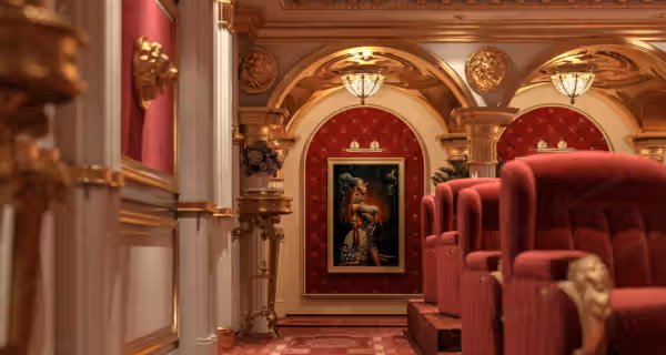 Red velvet home cinema with a starlit fibre-optic ceiling, Eswatini project