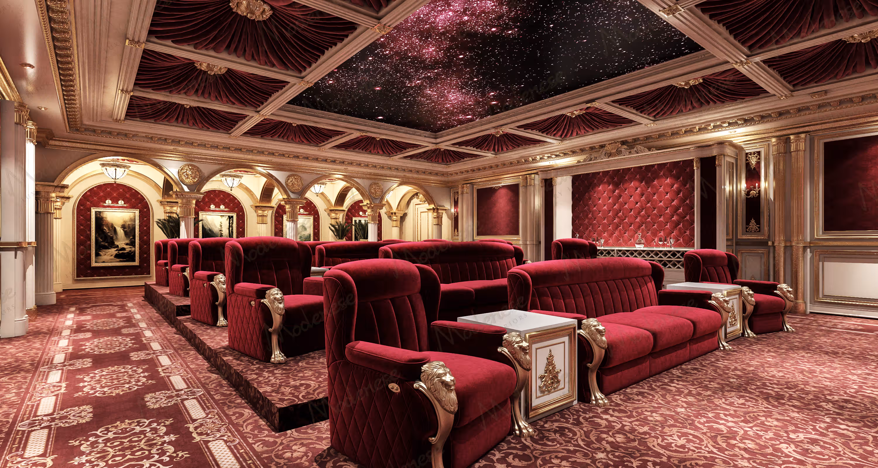 Red velvet home cinema with a starlit fibre-optic ceiling, Eswatini project