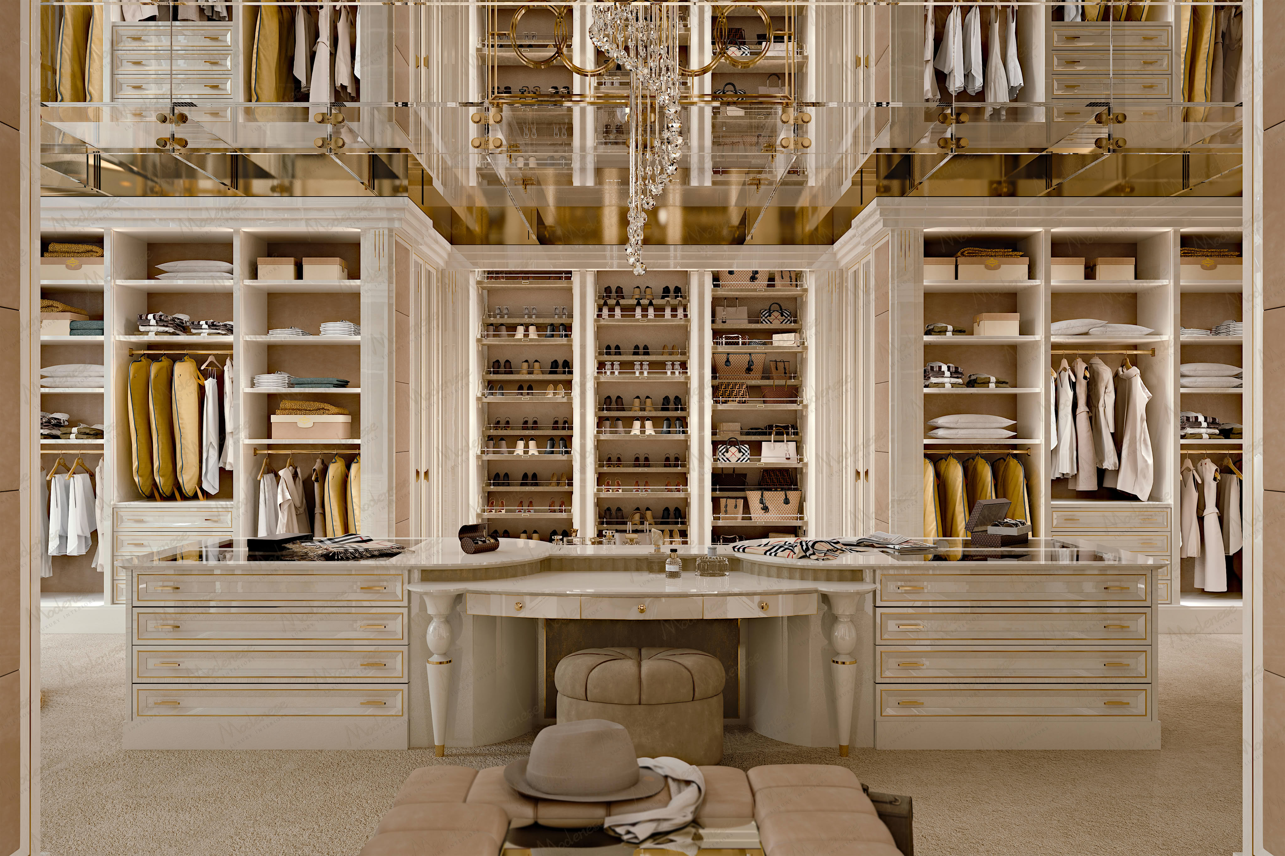 Luxury walk-in closet with integrated LED lighting by Modenese Interiors