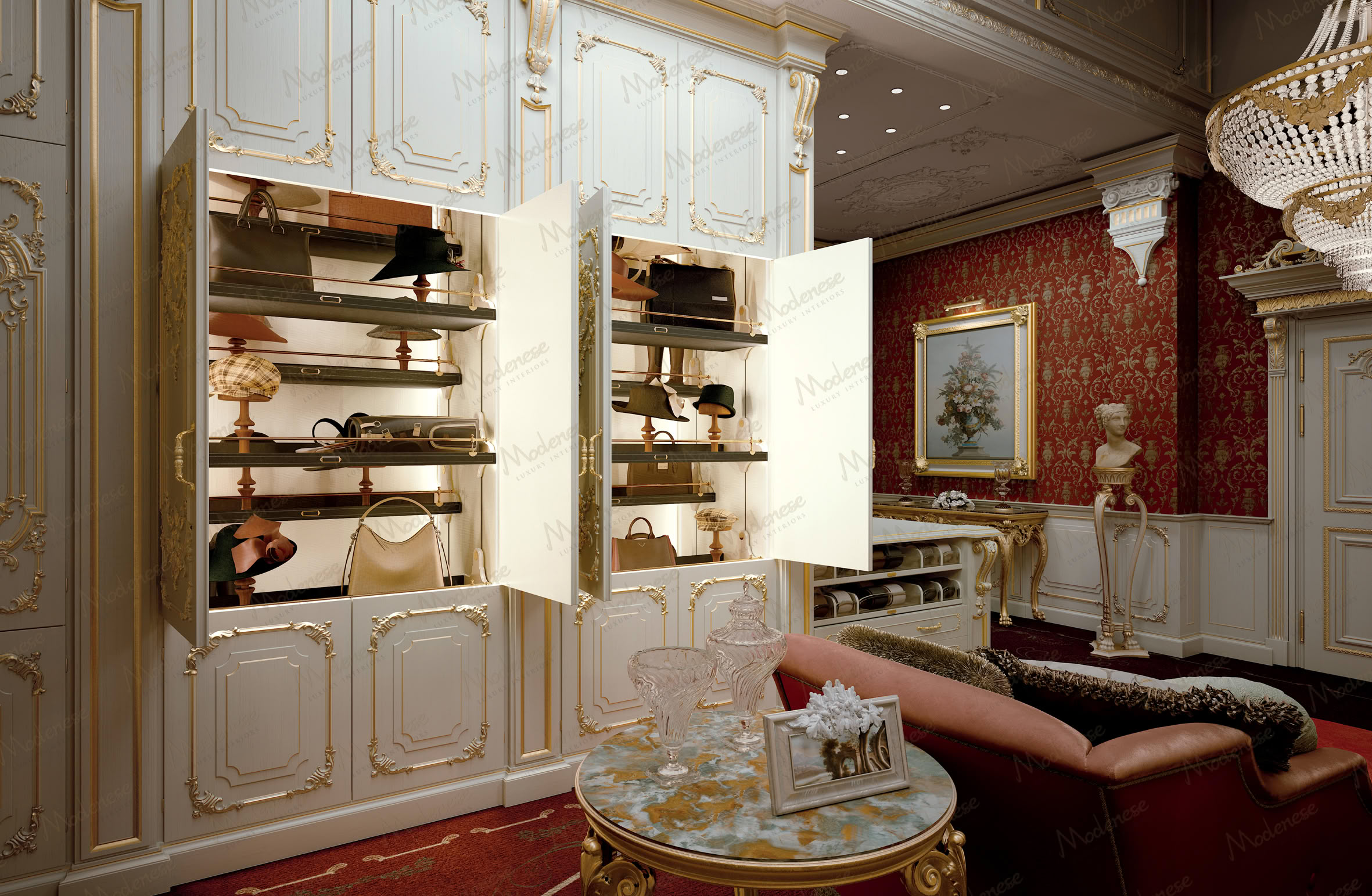 Fixed wardrobe construction with integrated architectural moulding