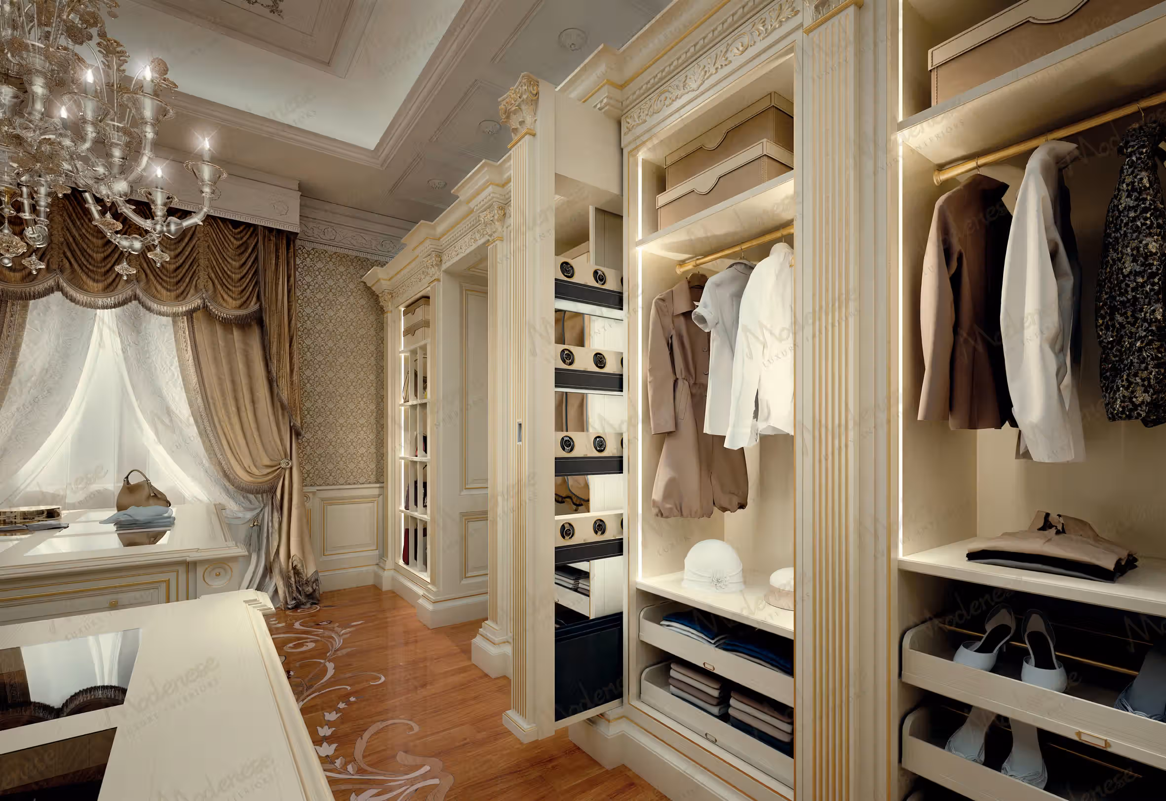 Transitional Italian walk-in closet by Modenese Bespoke