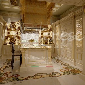 exclusive traditional kitchen with finely crafted island and central hood