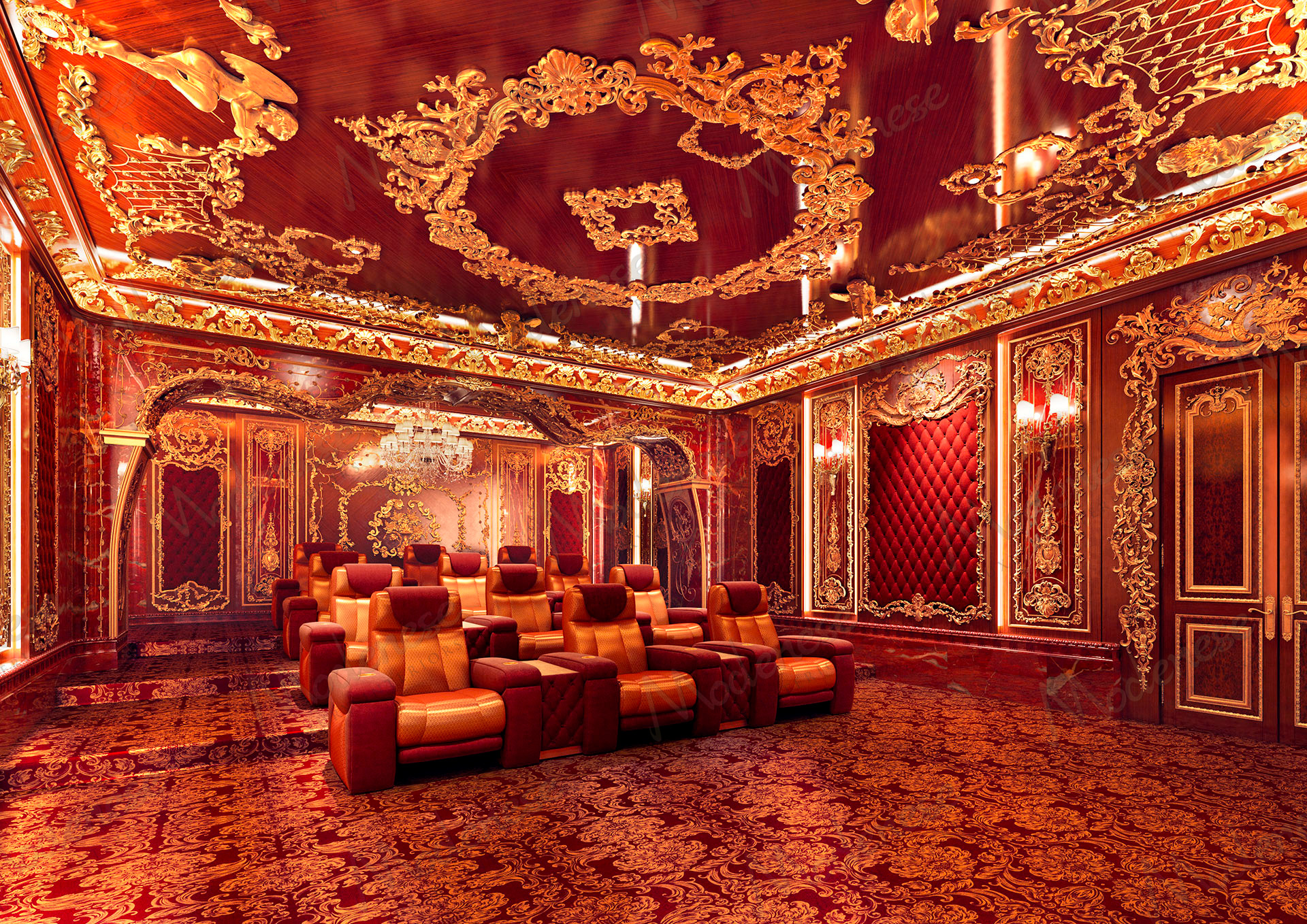 Classical baroque home cinema showing decorative acoustic treatment