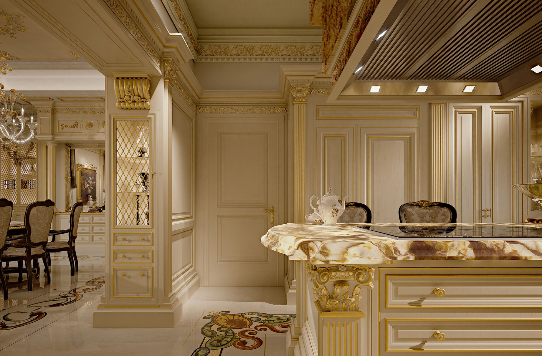 лучший дизайн кухни с отделкой из ценных пород мрамора и золота