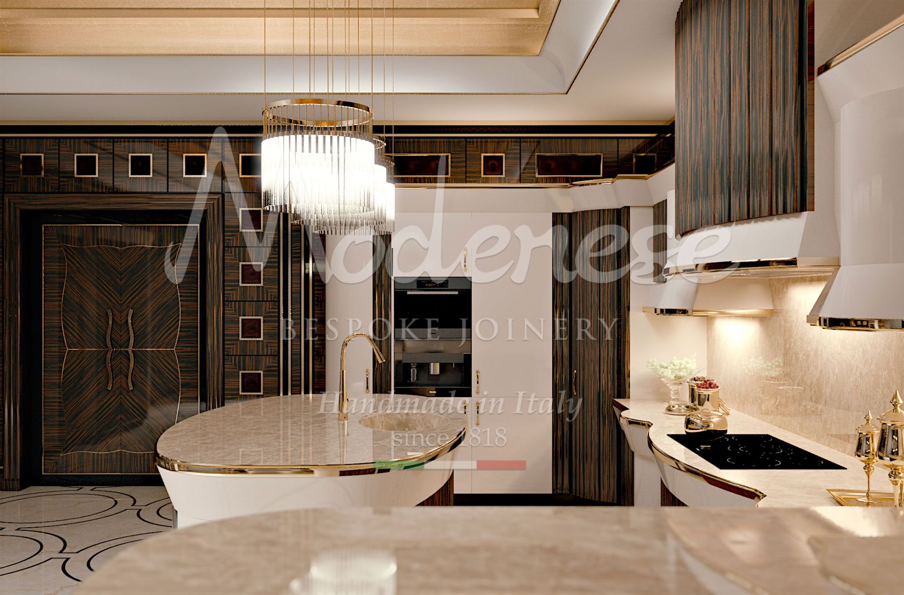 cuisine moderne avec un comptoir d'élite et des lustres lumineux