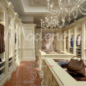 Italian luxury walk-in closets with refined, finely crafted wooden flooring