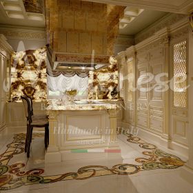 эксклюзивная традиционная кухня с островом тонкой работы и центральной вытяжкой