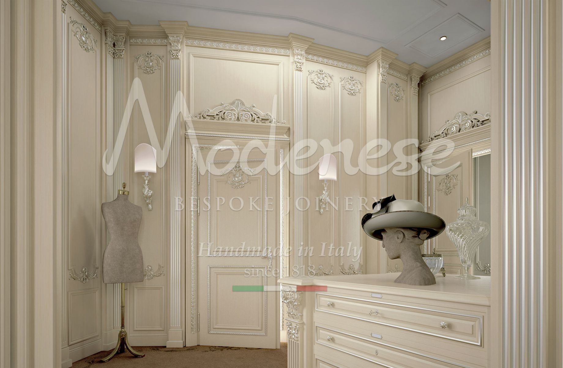 dressing de luxe baroque avec feuilles d'argent et cadres