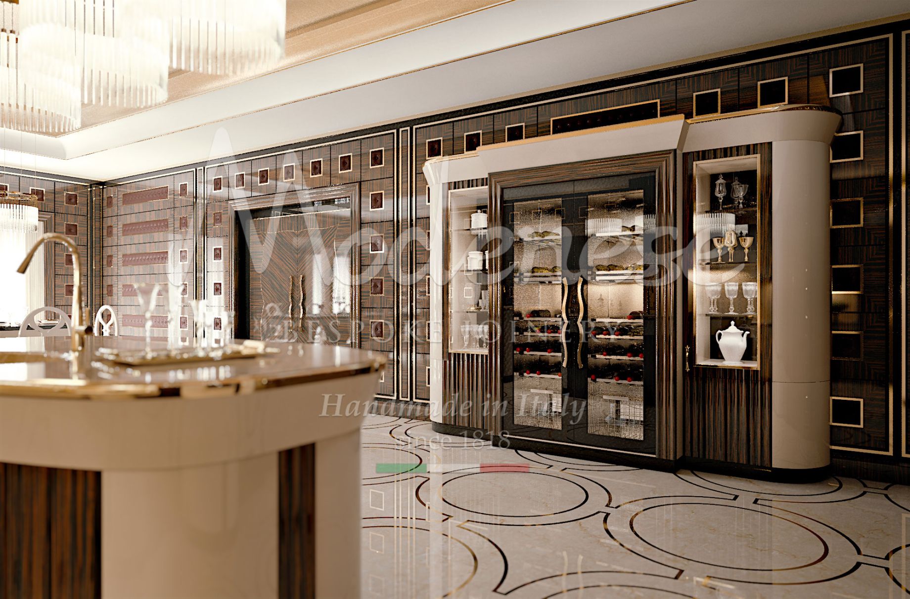 منطقة بار فاخرة مع خزانة نبيذ زجاجية