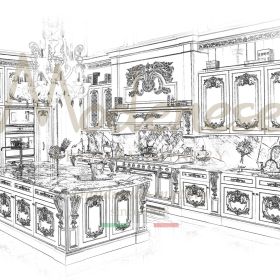 مشروع مطبخ باروكي مع عقيق ذهبي في وسط الجزيرة